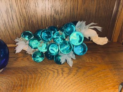 ViINTAGE GLASS GRAPES AND A COBALT BLUE BOWL