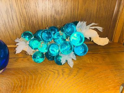 ViINTAGE GLASS GRAPES AND A COBALT BLUE BOWL