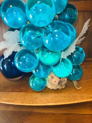 ViINTAGE GLASS GRAPES AND A COBALT BLUE BOWL