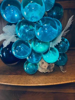 ViINTAGE GLASS GRAPES AND A COBALT BLUE BOWL