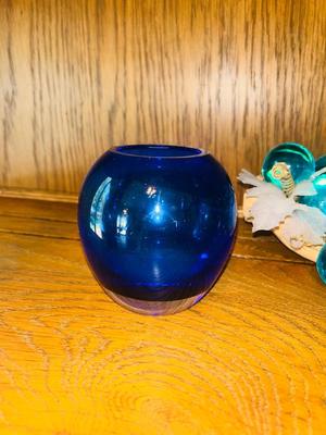 ViINTAGE GLASS GRAPES AND A COBALT BLUE BOWL