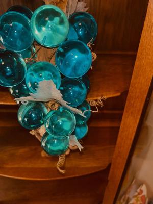 ViINTAGE GLASS GRAPES AND A COBALT BLUE BOWL