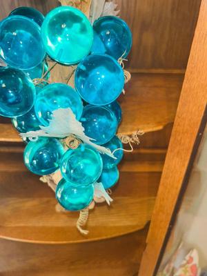 ViINTAGE GLASS GRAPES AND A COBALT BLUE BOWL