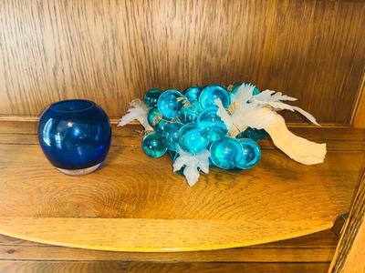 ViINTAGE GLASS GRAPES AND A COBALT BLUE BOWL
