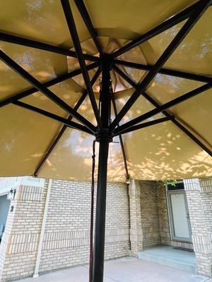 VERY NICE OBLONG IRON PATIO TABLE, CHAIRS AND UMBRELLEA