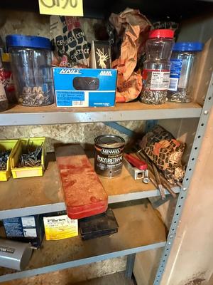 Sale Photo Thumbnail #1302: G130-Metal shop shelf plus contents
