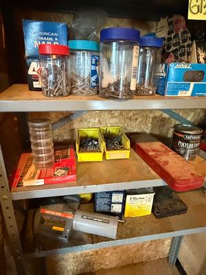 Sale Photo Thumbnail #1301: G130-Metal shop shelf plus contents
