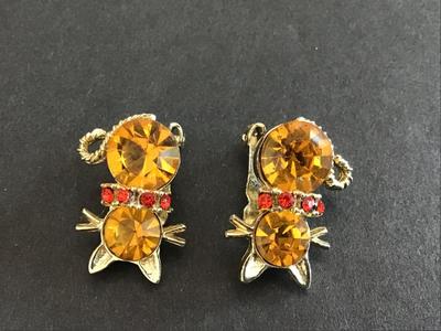 Vintage Orange Rhinestone Clip on Earrings
