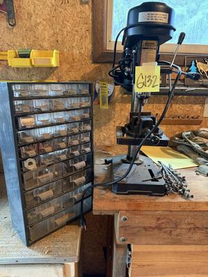Sale Photo Thumbnail #1309: G132-drill press plus drawered organizer, plus bits