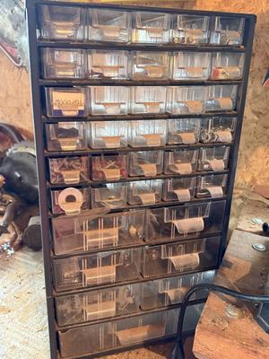 Sale Photo Thumbnail #1313: G132-drill press plus drawered organizer, plus bits