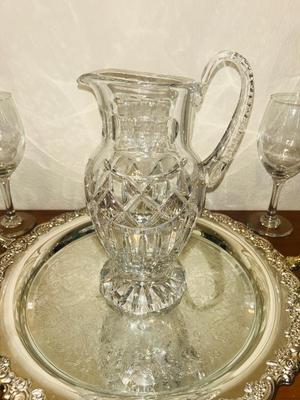 LEAD CRYSTAL PITCHER, STEMMED GLASSES AND ONIEDA SILVER-PLATE PLATTER