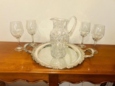 LEAD CRYSTAL PITCHER, STEMMED GLASSES AND ONIEDA SILVER-PLATE PLATTER