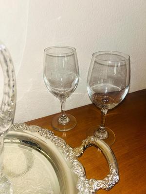 LEAD CRYSTAL PITCHER, STEMMED GLASSES AND ONIEDA SILVER-PLATE PLATTER