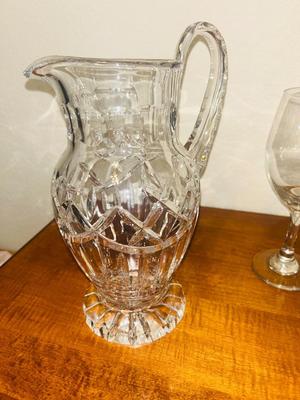 LEAD CRYSTAL PITCHER, STEMMED GLASSES AND ONIEDA SILVER-PLATE PLATTER