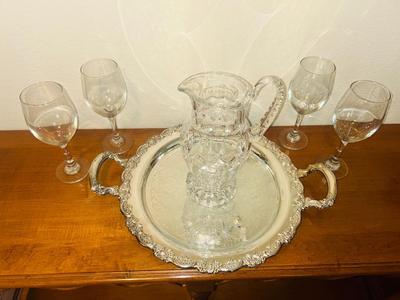 LEAD CRYSTAL PITCHER, STEMMED GLASSES AND ONIEDA SILVER-PLATE PLATTER