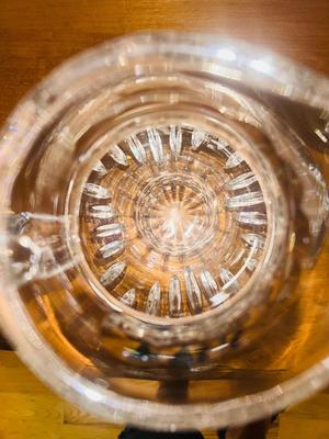 LEAD CRYSTAL PITCHER, STEMMED GLASSES AND ONIEDA SILVER-PLATE PLATTER