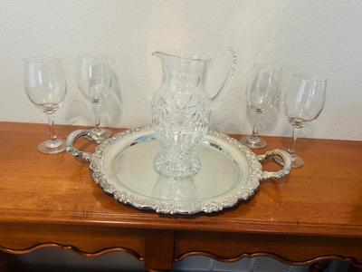 LEAD CRYSTAL PITCHER, STEMMED GLASSES AND ONIEDA SILVER-PLATE PLATTER