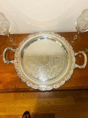 LEAD CRYSTAL PITCHER, STEMMED GLASSES AND ONIEDA SILVER-PLATE PLATTER