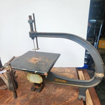 2 Antique Woodworking Tools Don Cook Mfg DOMCO Scroll Saw, 1800's H.C. Marsh Rockford ILL. Mitre Saw
