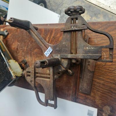 2 Antique Woodworking Tools Don Cook Mfg DOMCO Scroll Saw, 1800's H.C. Marsh Rockford ILL. Mitre Saw