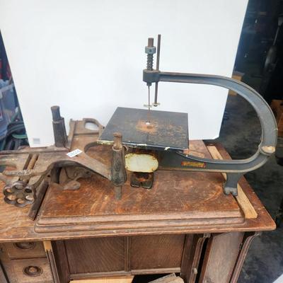 2 Antique Woodworking Tools Don Cook Mfg DOMCO Scroll Saw, 1800's H.C. Marsh Rockford ILL. Mitre Saw