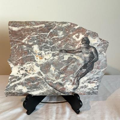 807 Large Nan Lee Painting on Stone of Surfer "Cutting Conch"