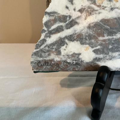 807 Large Nan Lee Painting on Stone of Surfer "Cutting Conch"