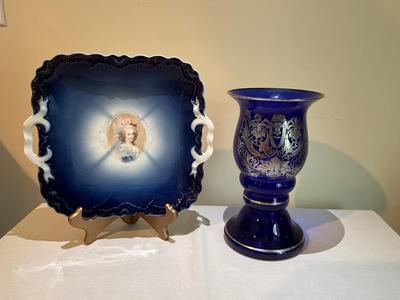 953 Silver On Cobalt Blue Glass German Vase and Portrait Plate