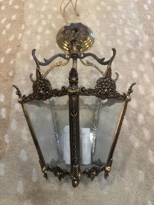 Vintage Brass Hanging Lantern Pendant with Etched Glass Panel