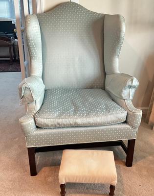 Antique Upholdstered Wingback Chair With Foot Stool