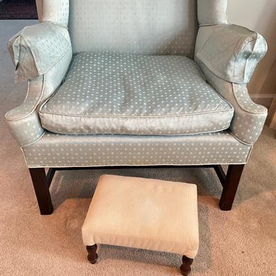 Antique Upholdstered Wingback Chair With Foot Stool
