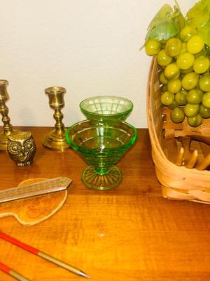LONGABERGER BASKET, GREEN URANIUM DEPRESSION GLASS DESERT CUPS, NEAT PENCILS AND LETTER OPENER AND MORE