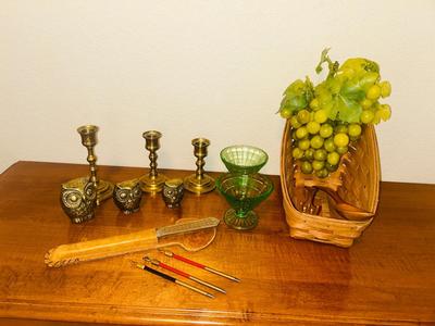 LONGABERGER BASKET, GREEN URANIUM DEPRESSION GLASS DESERT CUPS, NEAT PENCILS AND LETTER OPENER AND MORE
