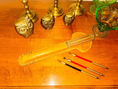 LONGABERGER BASKET, GREEN URANIUM DEPRESSION GLASS DESERT CUPS, NEAT PENCILS AND LETTER OPENER AND MORE