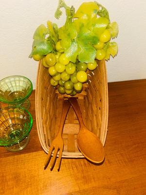 LONGABERGER BASKET, GREEN URANIUM DEPRESSION GLASS DESERT CUPS, NEAT PENCILS AND LETTER OPENER AND MORE