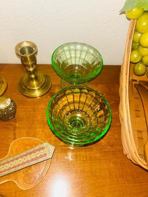 LONGABERGER BASKET, GREEN URANIUM DEPRESSION GLASS DESERT CUPS, NEAT PENCILS AND LETTER OPENER AND MORE