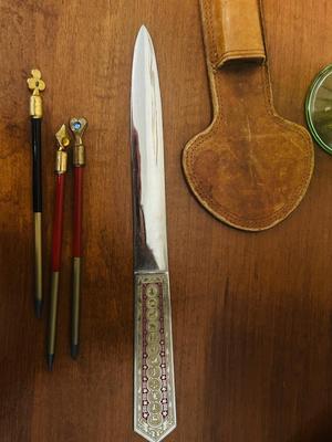 LONGABERGER BASKET, GREEN URANIUM DEPRESSION GLASS DESERT CUPS, NEAT PENCILS AND LETTER OPENER AND MORE
