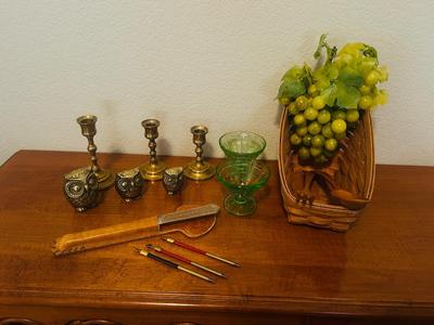LONGABERGER BASKET, GREEN URANIUM DEPRESSION GLASS DESERT CUPS, NEAT PENCILS AND LETTER OPENER AND MORE