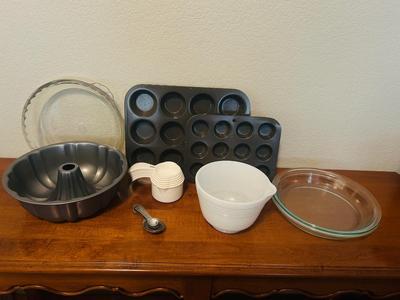 MUFFIN PANS, MIXING BOWL, BUNT PAN, CAKE PANS, TUPPERWARE MEASURING CUPS