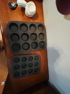 MUFFIN PANS, MIXING BOWL, BUNT PAN, CAKE PANS, TUPPERWARE MEASURING CUPS