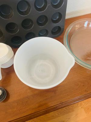 MUFFIN PANS, MIXING BOWL, BUNT PAN, CAKE PANS, TUPPERWARE MEASURING CUPS