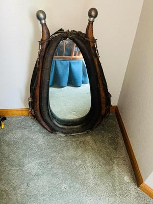 ANTIQUE LEATHER HORSE COLLAR/HAMES WESTERN ART WALL MIRROR WITH SILVER BALLS