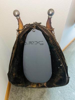 ANTIQUE LEATHER HORSE COLLAR/HAMES WESTERN ART WALL MIRROR WITH SILVER BALLS