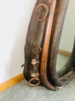 ANTIQUE LEATHER HORSE COLLAR/HAMES WESTERN ART WALL MIRROR WITH SILVER BALLS
