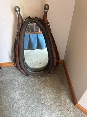 ANTIQUE LEATHER HORSE COLLAR/HAMES WESTERN ART WALL MIRROR WITH SILVER BALLS