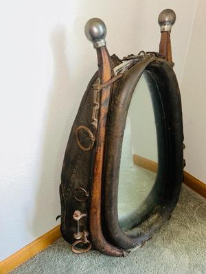 ANTIQUE LEATHER HORSE COLLAR/HAMES WESTERN ART WALL MIRROR WITH SILVER BALLS
