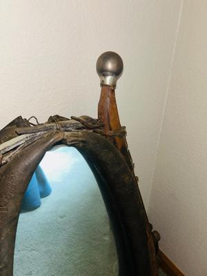 ANTIQUE LEATHER HORSE COLLAR/HAMES WESTERN ART WALL MIRROR WITH SILVER BALLS