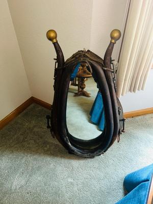 ANTIQUE LEATHER HORSE COLLAR/HAMES WESTERN ART WALL MIRROR WITH BRASS BALLS