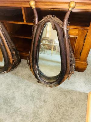 ANTIQUE LEATHER HORSE COLLAR/HAMES WESTERN ART WALL MIRROR WITH BRASS BALLS
