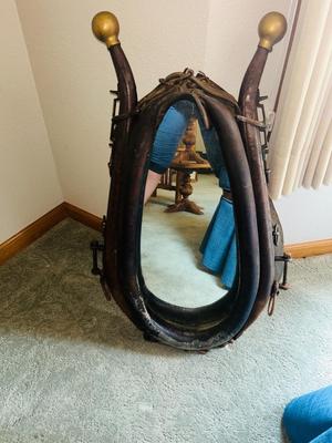 ANTIQUE LEATHER HORSE COLLAR/HAMES WESTERN ART WALL MIRROR WITH BRASS BALLS